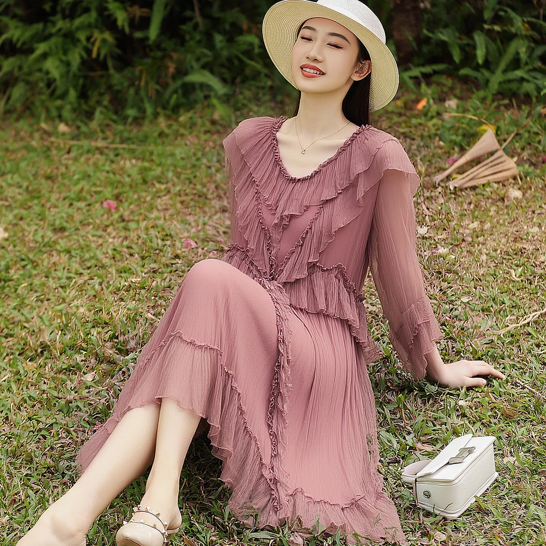 拜占庭的森林杏色轻奢纯色百搭显瘦女士宽松简约时尚桑蚕丝连衣裙