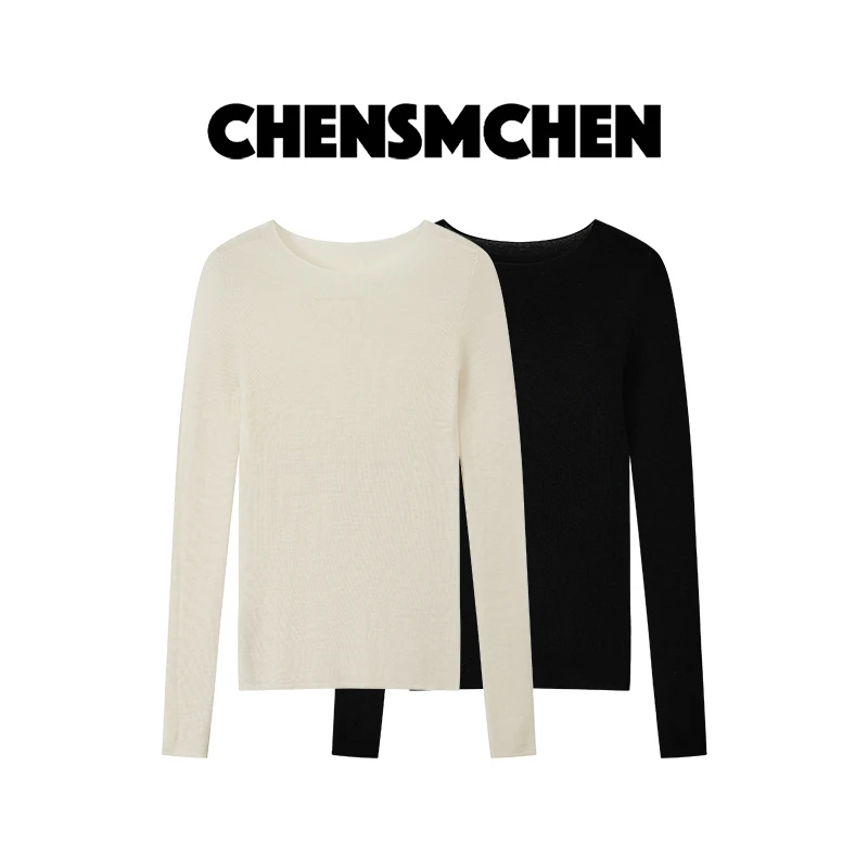 CHENSMCHEN 绵羊毛简约纯色圆领针织衫女休闲百搭打底衫CSZ7011NL