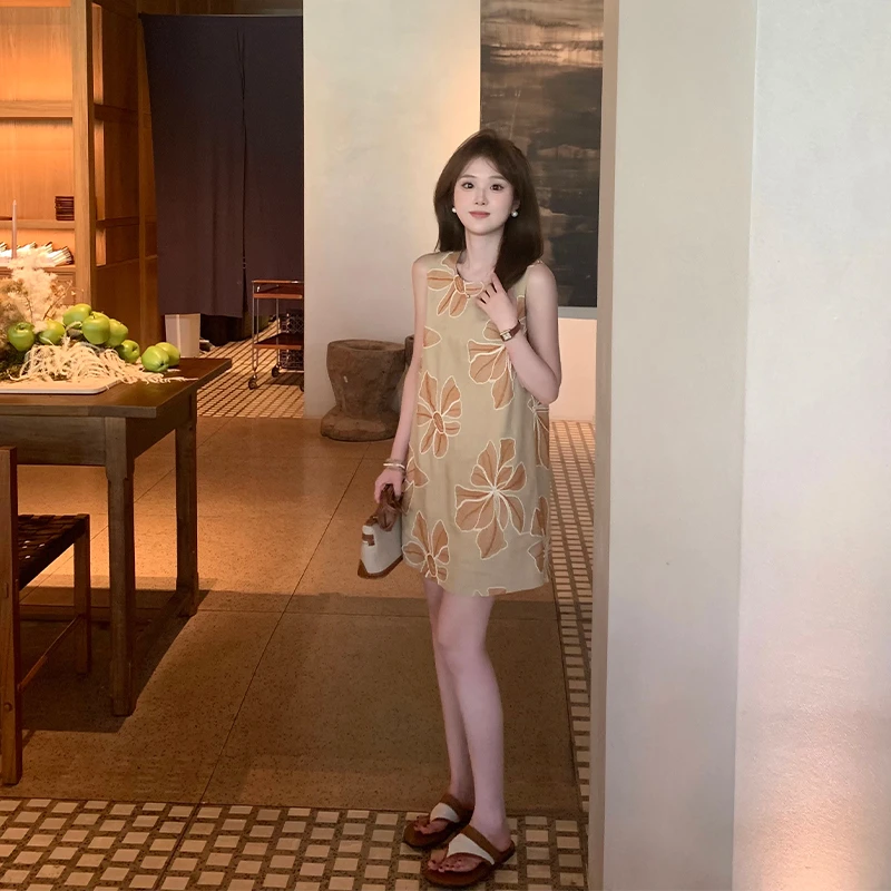 FUGUI RICH小个子无袖连衣裙夏季新款背心刺绣碎花设计感法式短裙