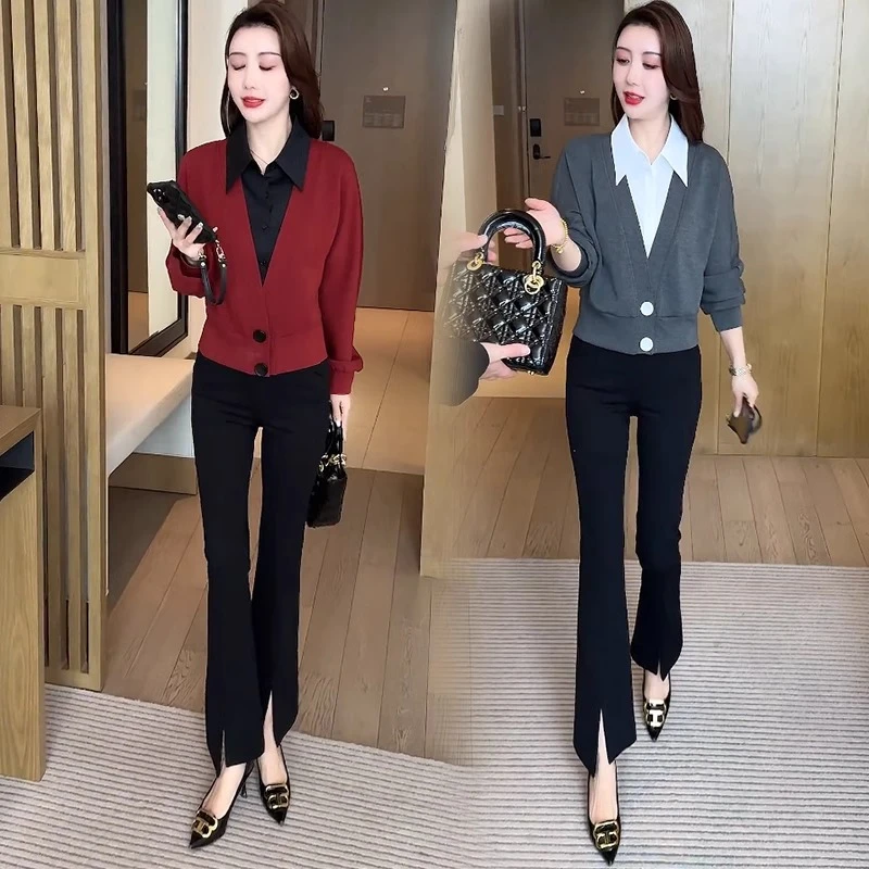 时尚洋气套装女2025春季新款遮肉显瘦假两件衬衫微喇裤减龄两件套