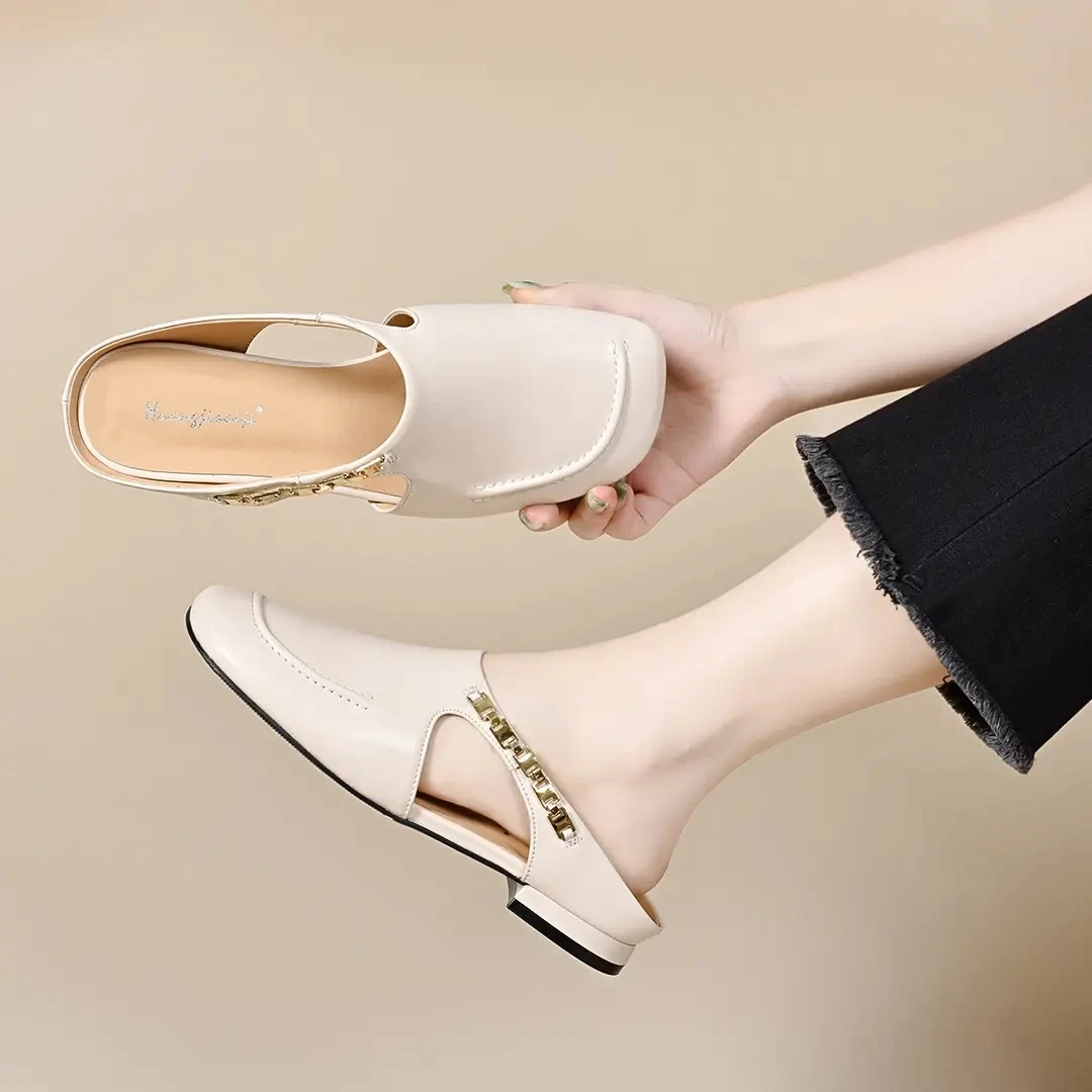 2025夏季英伦风真皮透气半拖鞋女2025新款高级感镂空气质包头凉鞋