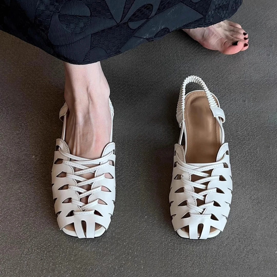 羊皮版~方头编织镂空透气夏季凉鞋女后绊带平底猪笼鞋包头罗马鞋