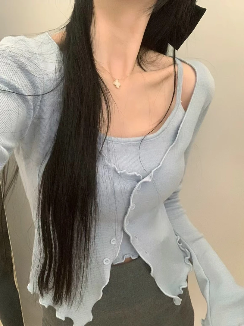 韩系2026春新款时尚设计感温柔风木耳边假两件毛针织衫上衣I1-23