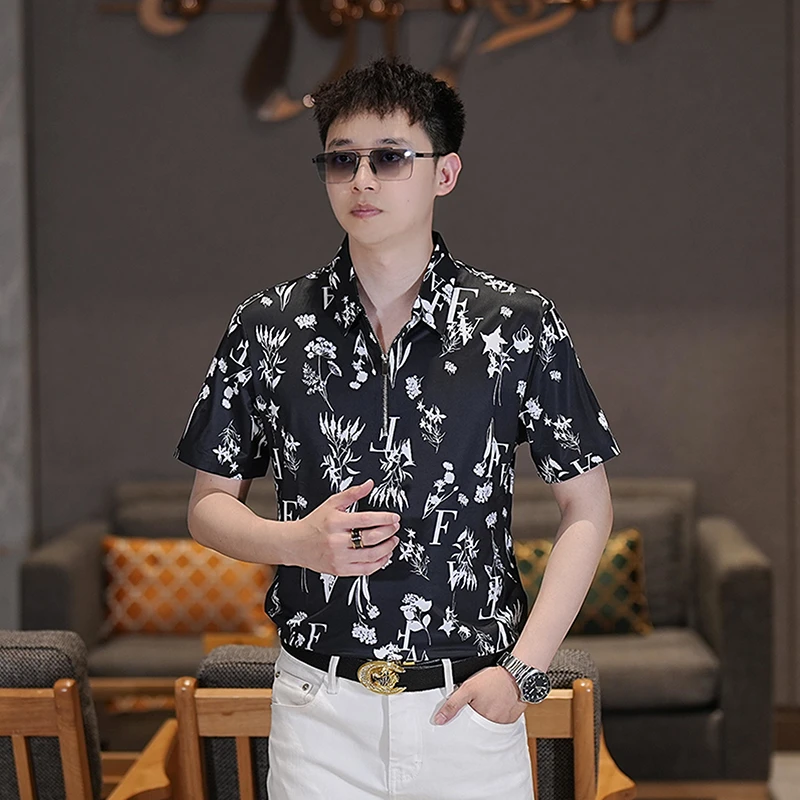 男士夏季新款冰丝修身半拉链短袖衬衫休闲百搭薄款翻领时尚衬衣