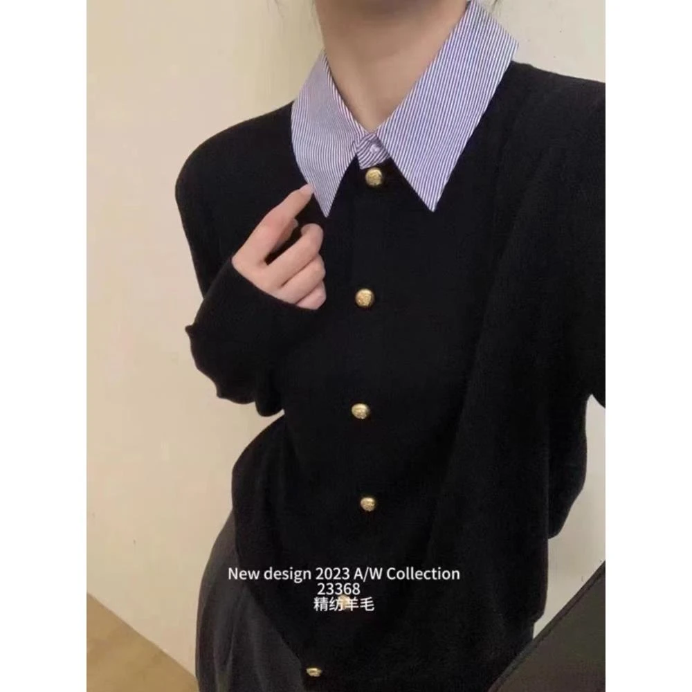 衬衫领假两件毛衣女春秋polo针织衫上衣新款洋气羊毛衫翻领衬衣