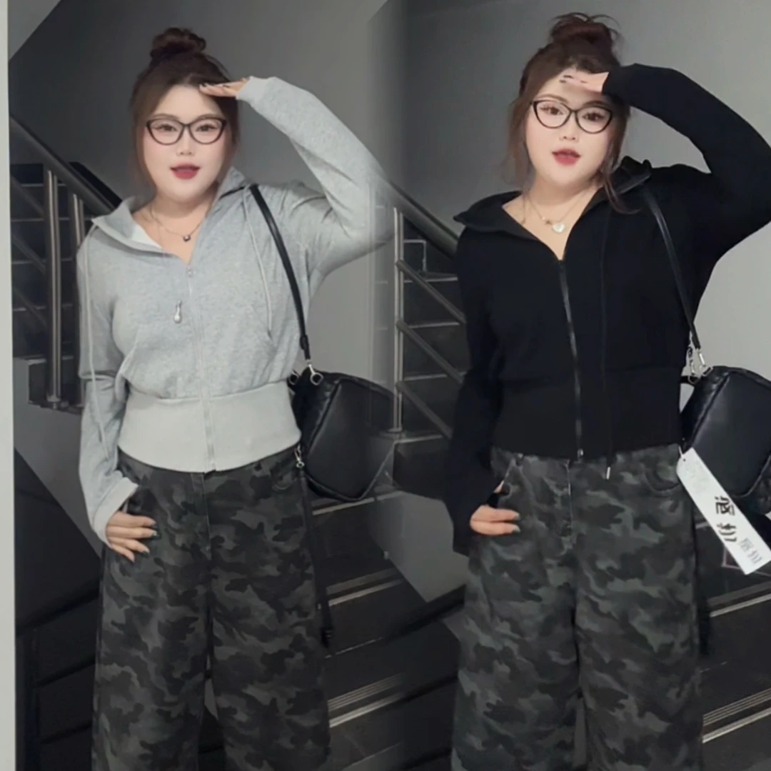 2025胖MM春秋新款韩版时尚设计感短款拉链连帽卫衣外套0059