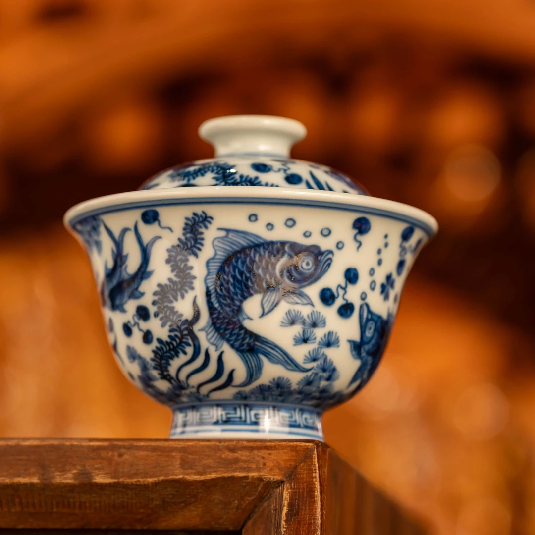 【刘建锋窑】大小鱼藻压手盖碗纯手工景德镇陶瓷茶器主人杯泡茶