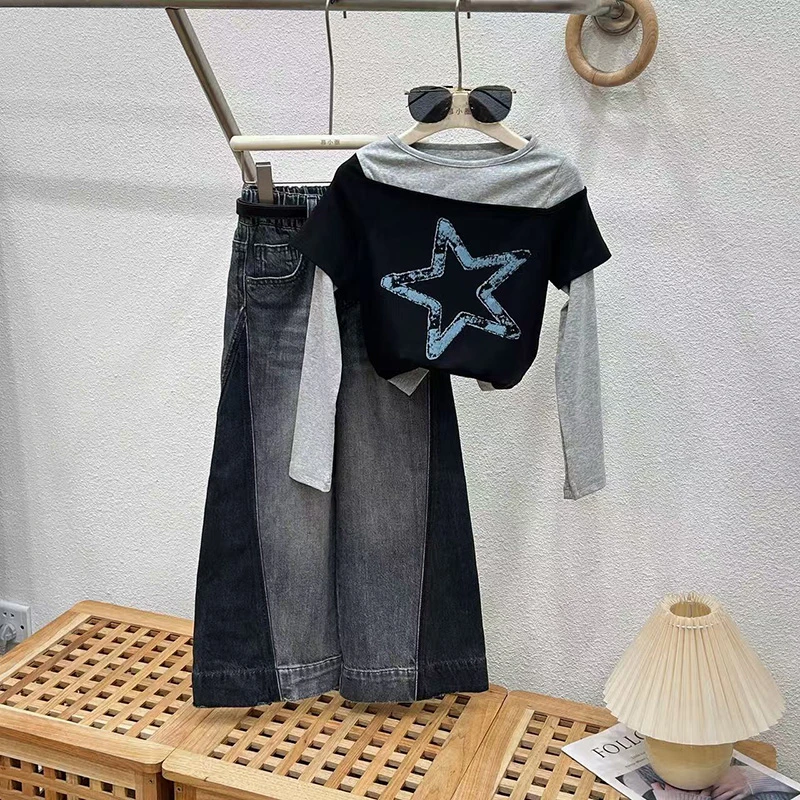 女童秋季套装2025新款儿童大童阔腿牛仔裤春秋T恤洋气童装两件套