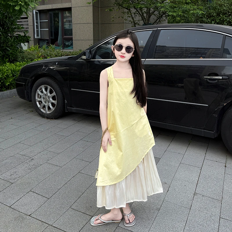 女童连衣裙夏装2025新款女孩夏季洋气公主裙假两件不规则背心裙潮