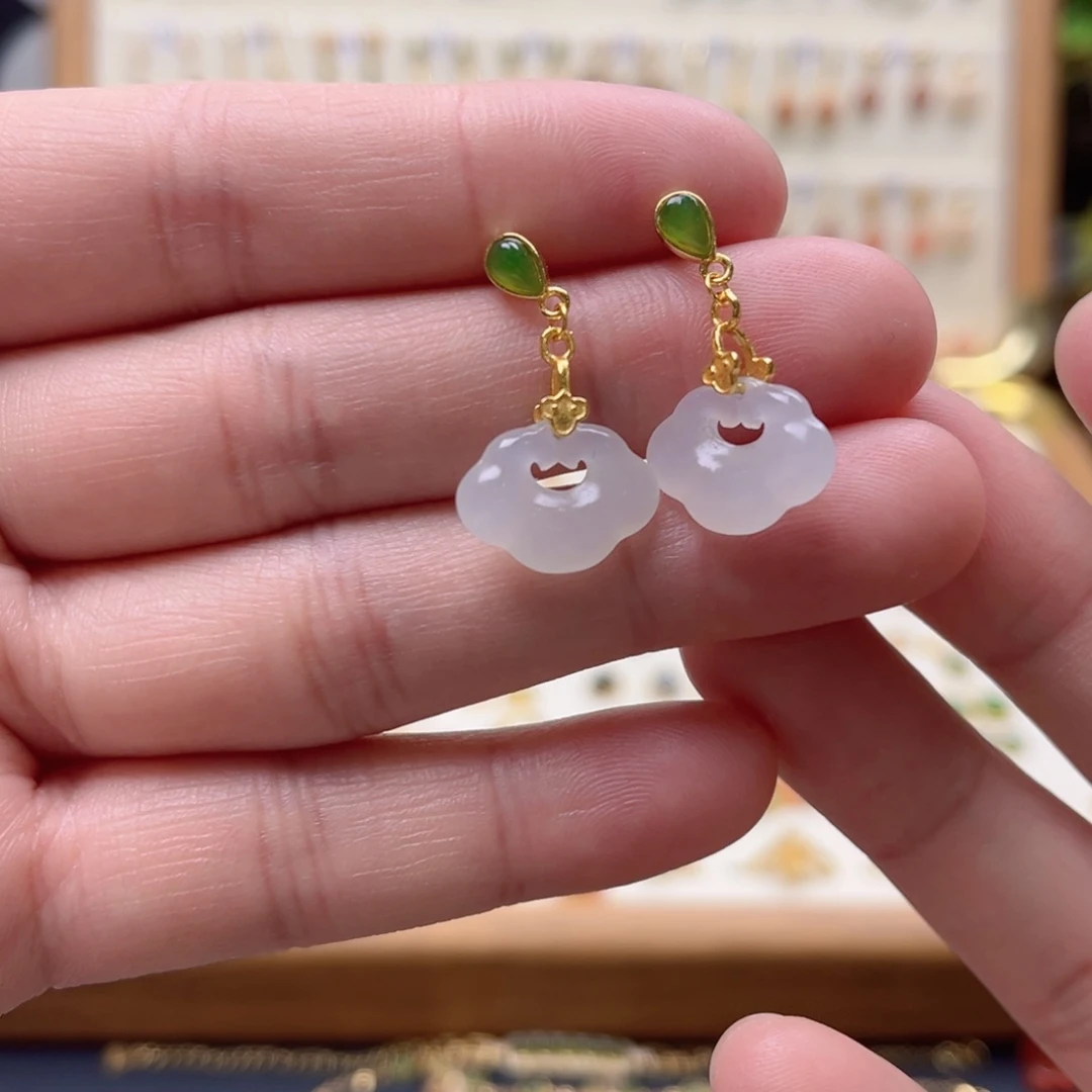 和田玉银S925镶嵌耳饰