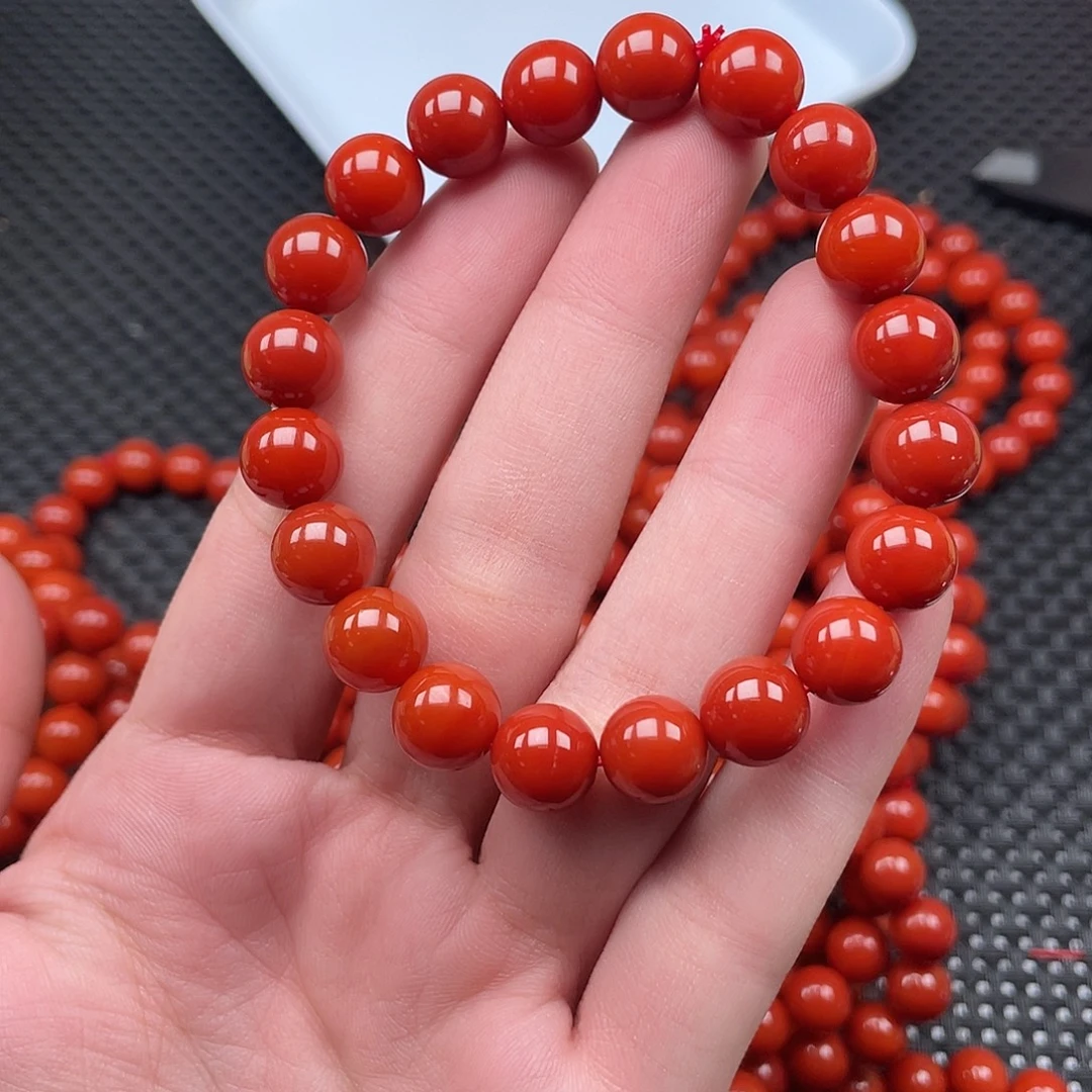 未镶嵌10mm柿子红手链整串20颗 南红玛瑙