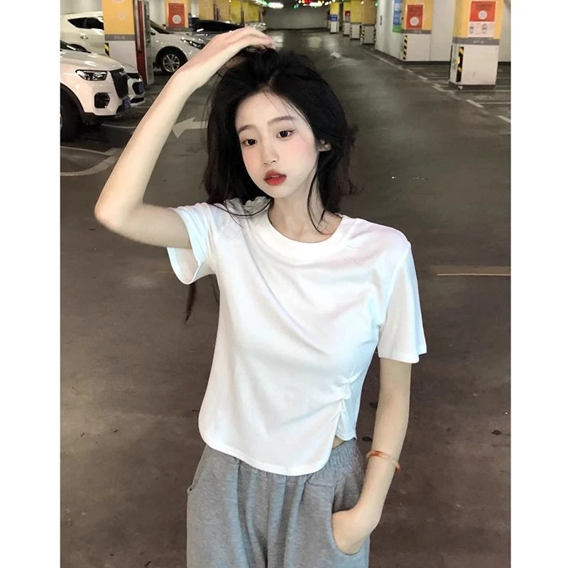 2025夏季设计感不规则扭结t恤别致短款上衣女大码女装时尚辣妹潮