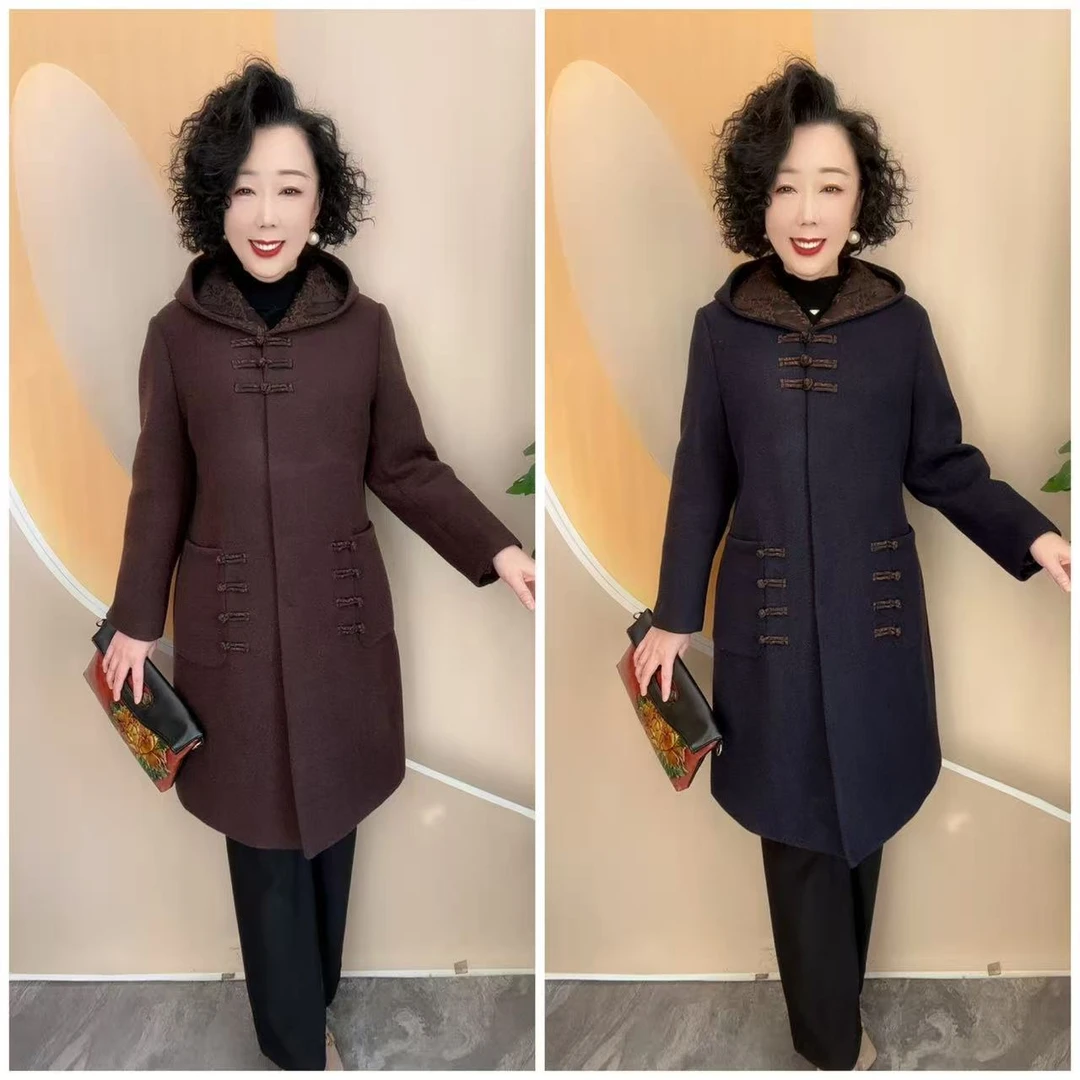 1201−1新款优雅妈妈盘扣时尚宽松大码中长加棉毛呢大衣外套95衣长