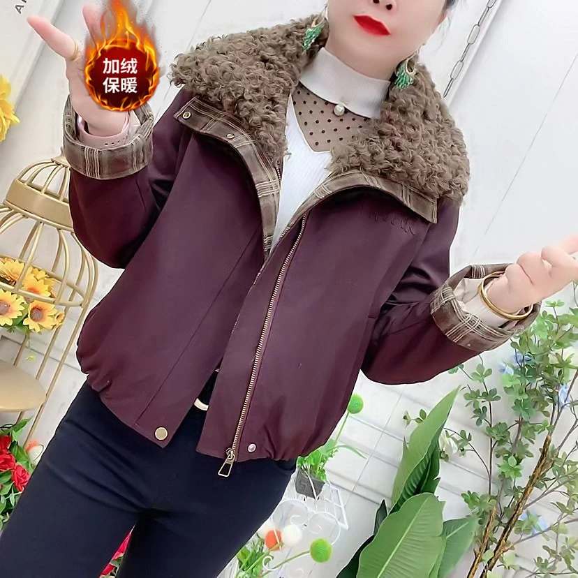 加绒加厚外套女短款2025冬季新款格子拼接时尚洋气显瘦休闲棉服女