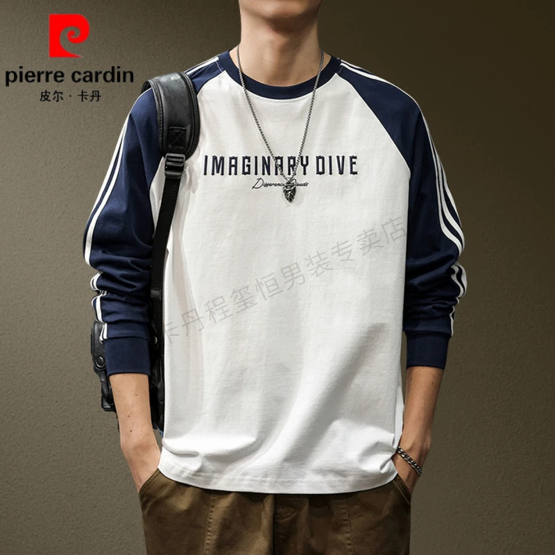 皮尔卡丹美式潮牌条纹运动男士长袖t恤纯棉上衣秋季拼色休闲卫衣