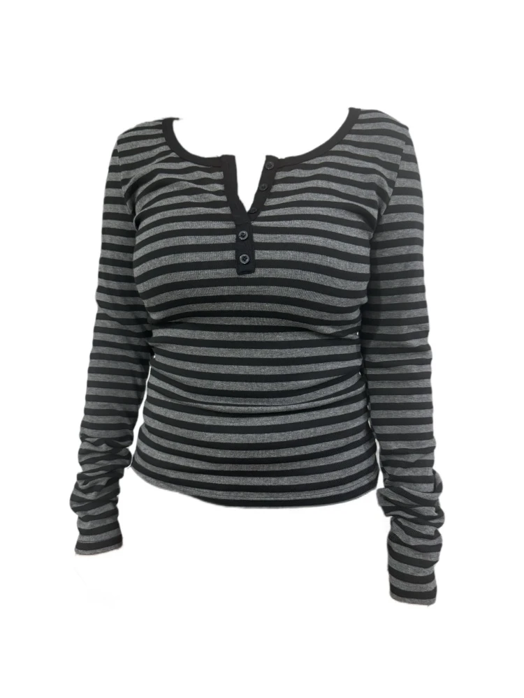 【Amy家】微胖mm美式复古条纹长袖T恤女秋冬修身显瘦撞色打底衫上衣