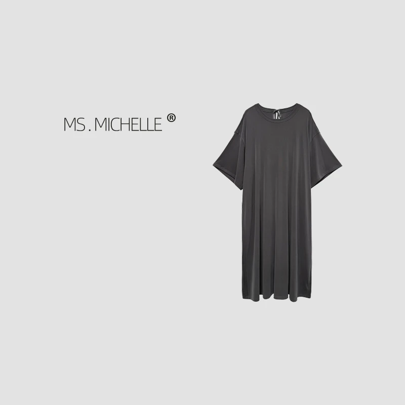 MS.MICHELLE 雾感莫代尔宽松慵懒简约绑带中长款舒适连衣裙9145