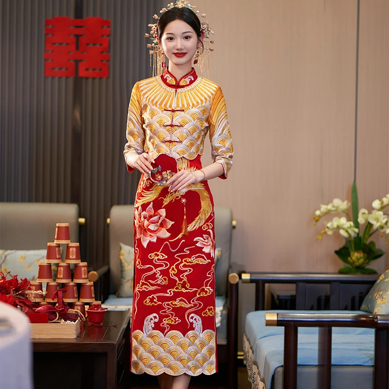 何超莲秀禾服新款明星同款旗袍服装中式婚服新娘嫁衣敬酒服龙凤褂