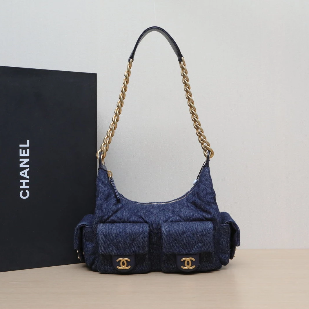 99新 Chanel/香奈儿 小花6欢 25C hobo 双口袋 腋下包 牛仔蓝