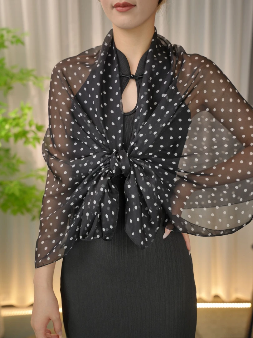 桑蚕丝100%大尺寸黑白色波点200cm*65cm长款丝巾真丝围巾