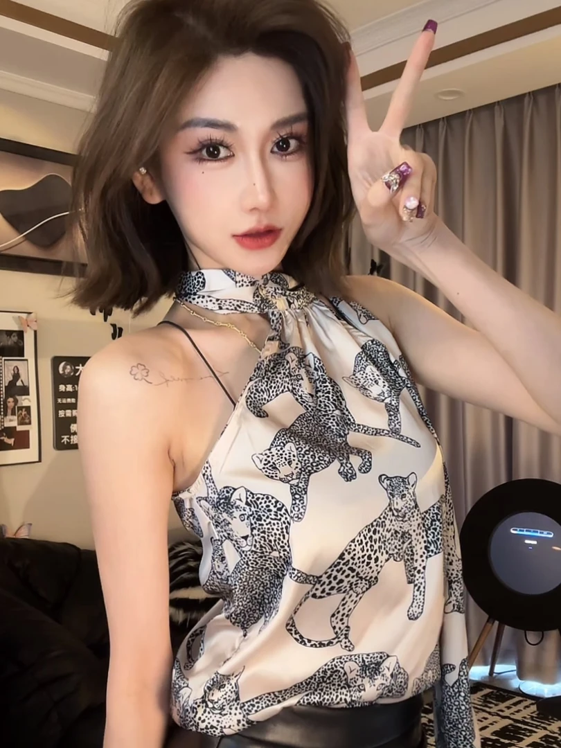 吊带背心女老钱风豹纹外穿泰式辣妹挂脖抹胸上衣高级无袖打底