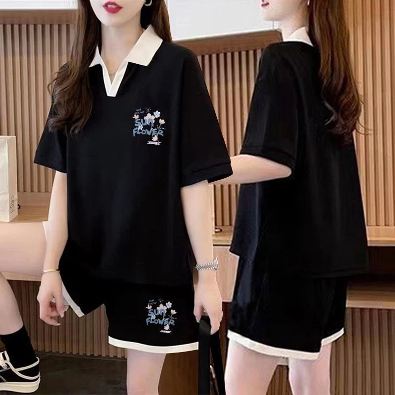 夏季休闲百搭纯棉Polo领短袖短裤两件套女2025新款宽松运动服套装