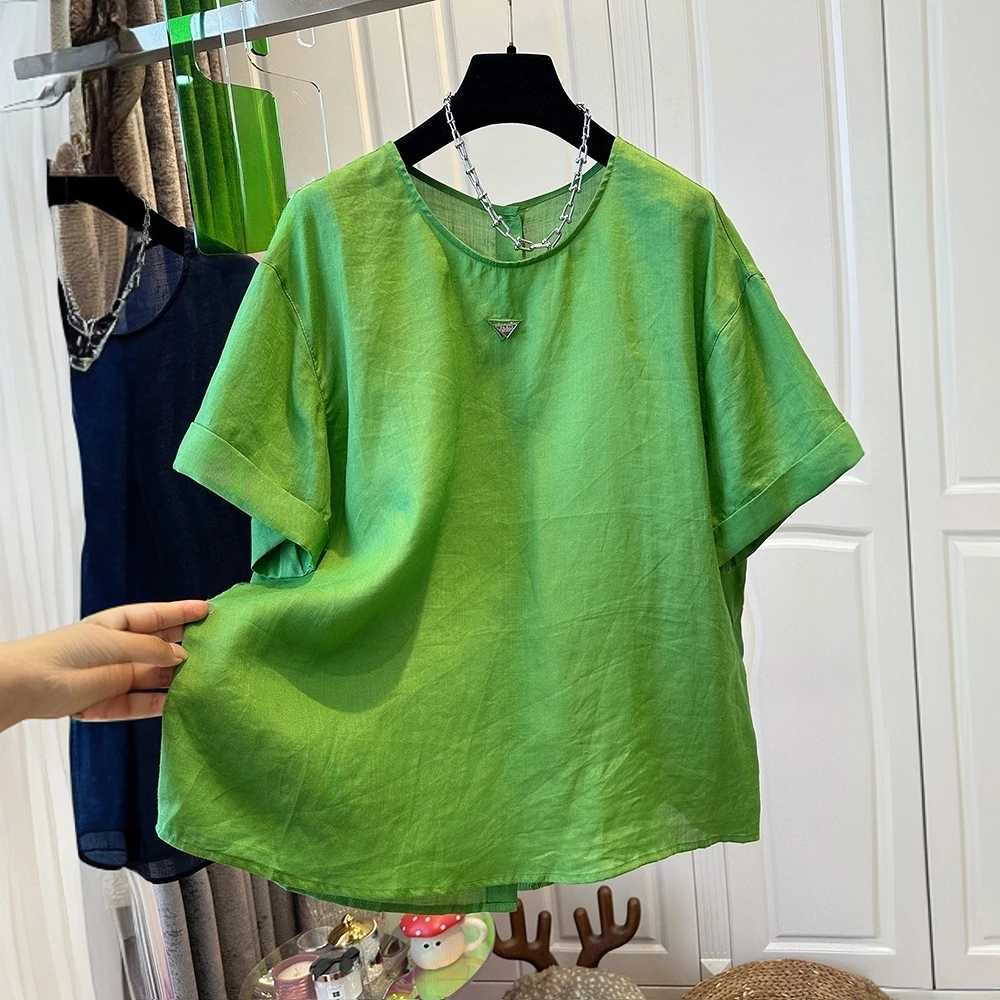 老钱风圆领显瘦短袖T恤女上衣减龄宽松纯色时尚百搭小衫夏季2025