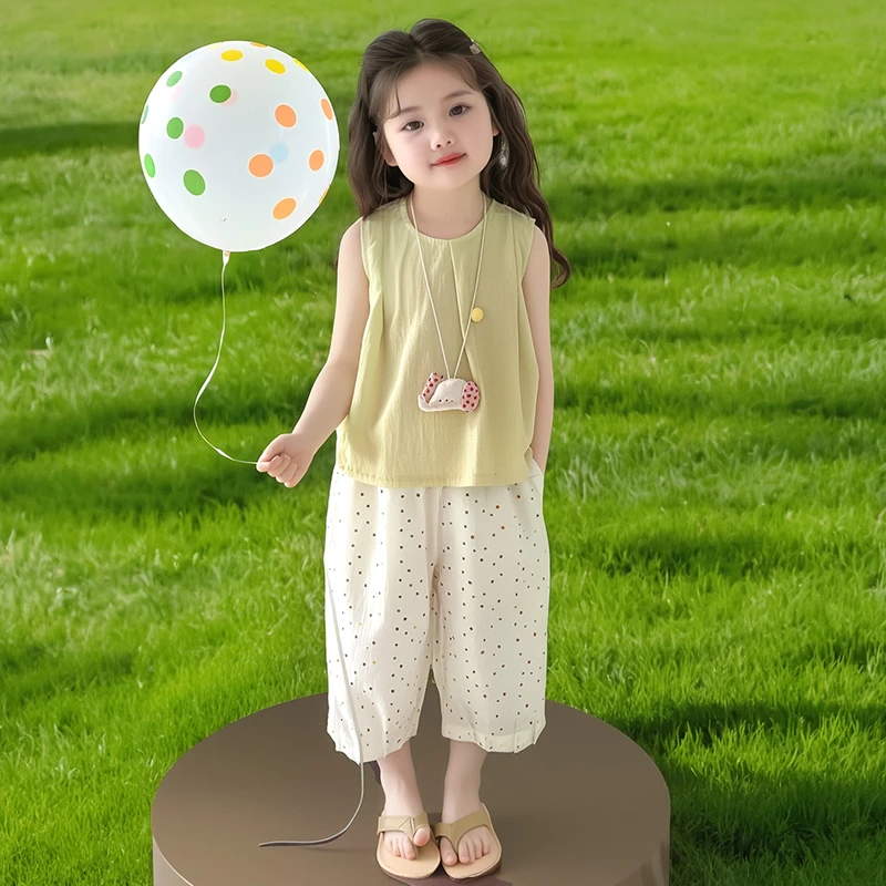 女童无袖娃娃衫彩色点点套装2025夏季新款女宝宝时尚波点两件套潮