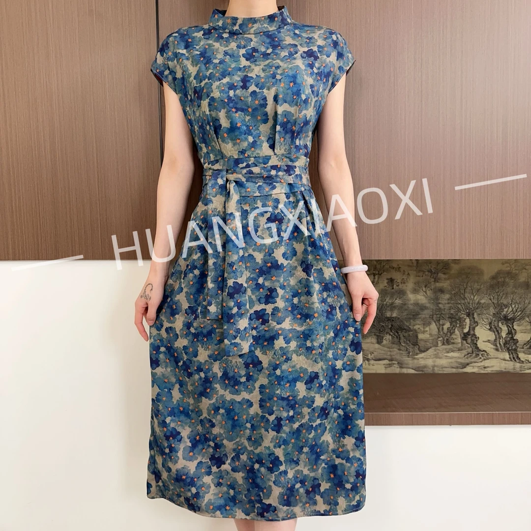 HUANGXIAOXI 蓝底小兰花优雅气质立领短袖连衣裙FC-G15