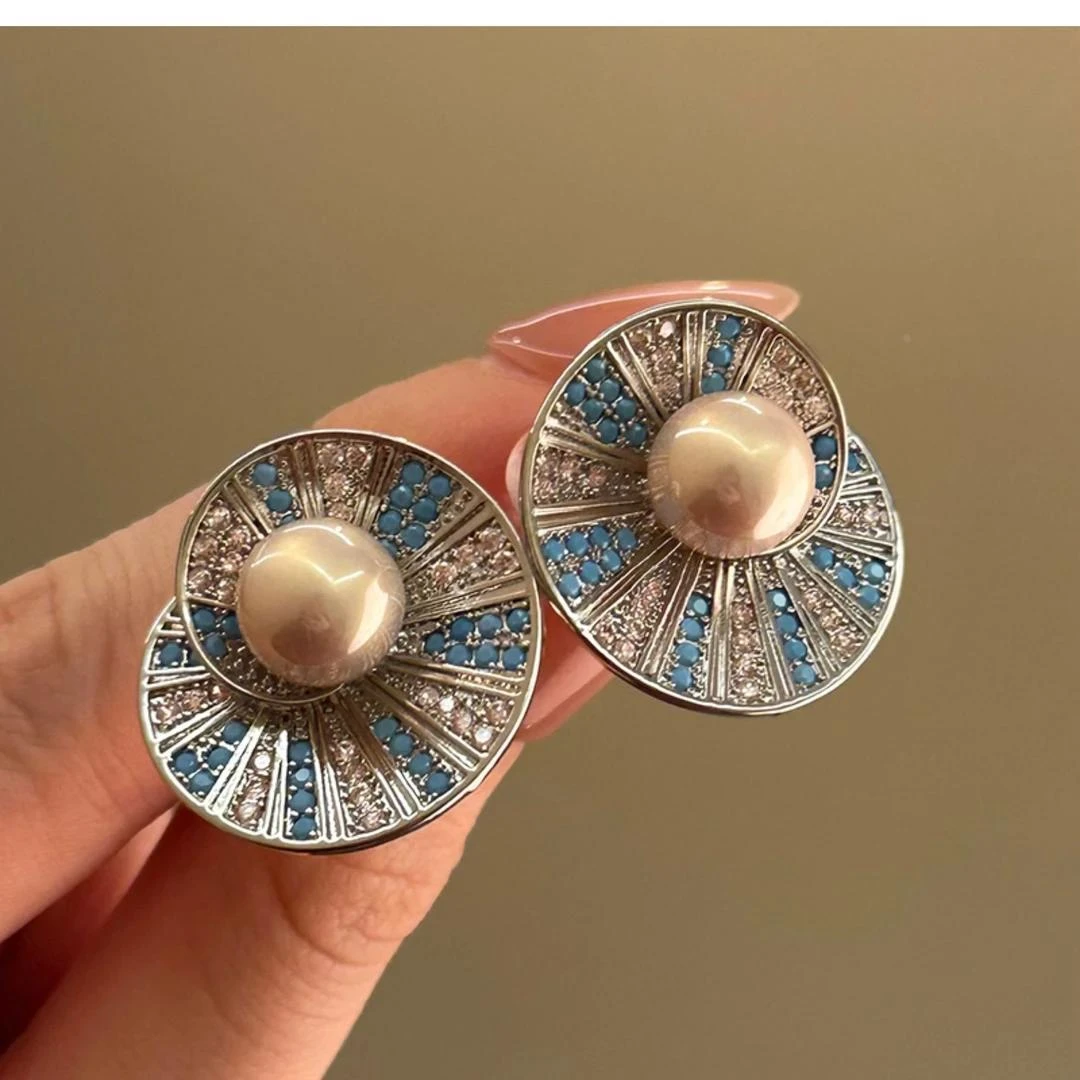 合金耳饰 月光与诗~复古高级感满钻耳钉贝壳珍珠耳环小众设计耳饰