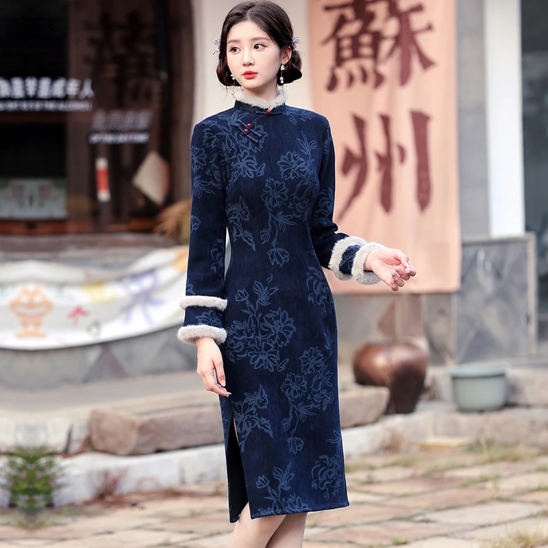 新式旗袍2025秋冬款中国风优雅气质中长款莱奥尼加绒加厚修身显瘦