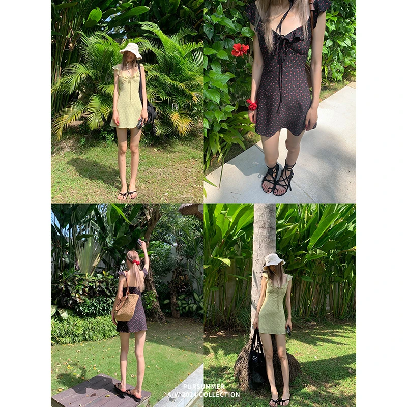 【清清！朴夏Pursummer】黑底小碎花连衣裙人鱼L22995PR42