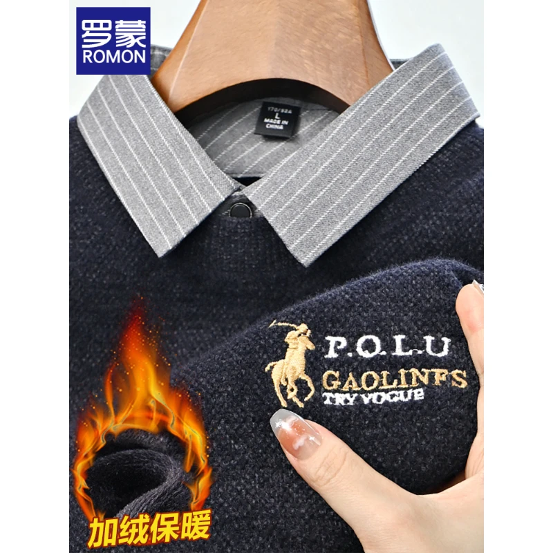 罗蒙冬季男士加绒加厚假两件针织衫男款休闲男装雪尼尔长袖毛衣男