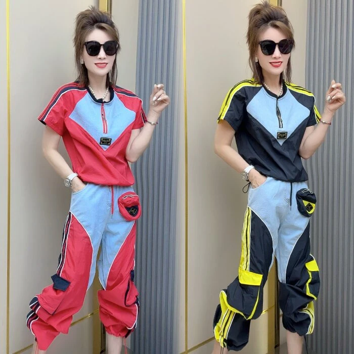 牛仔拼接短袖上衣工装裤两件套