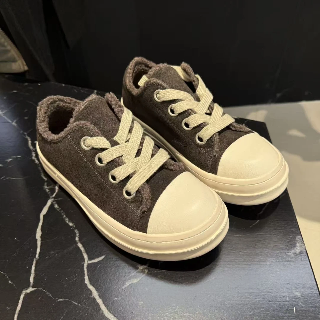 休闲鞋-K6633（偏大一码）厚底加绒做旧时尚系带贝壳头