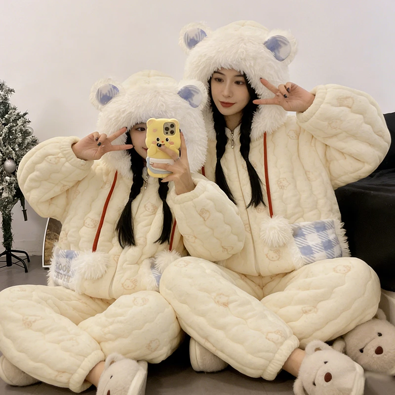 亲子装睡衣女童冬季三层夹棉儿童加绒加厚女孩冬款保暖棉袄家居服