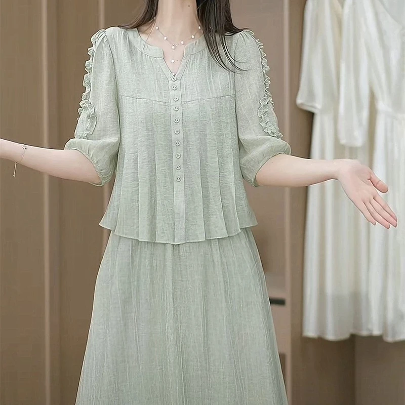 （运费补贴）洋气雪纺连衣女裙遮肚子圆领2025夏季新款时尚气质显