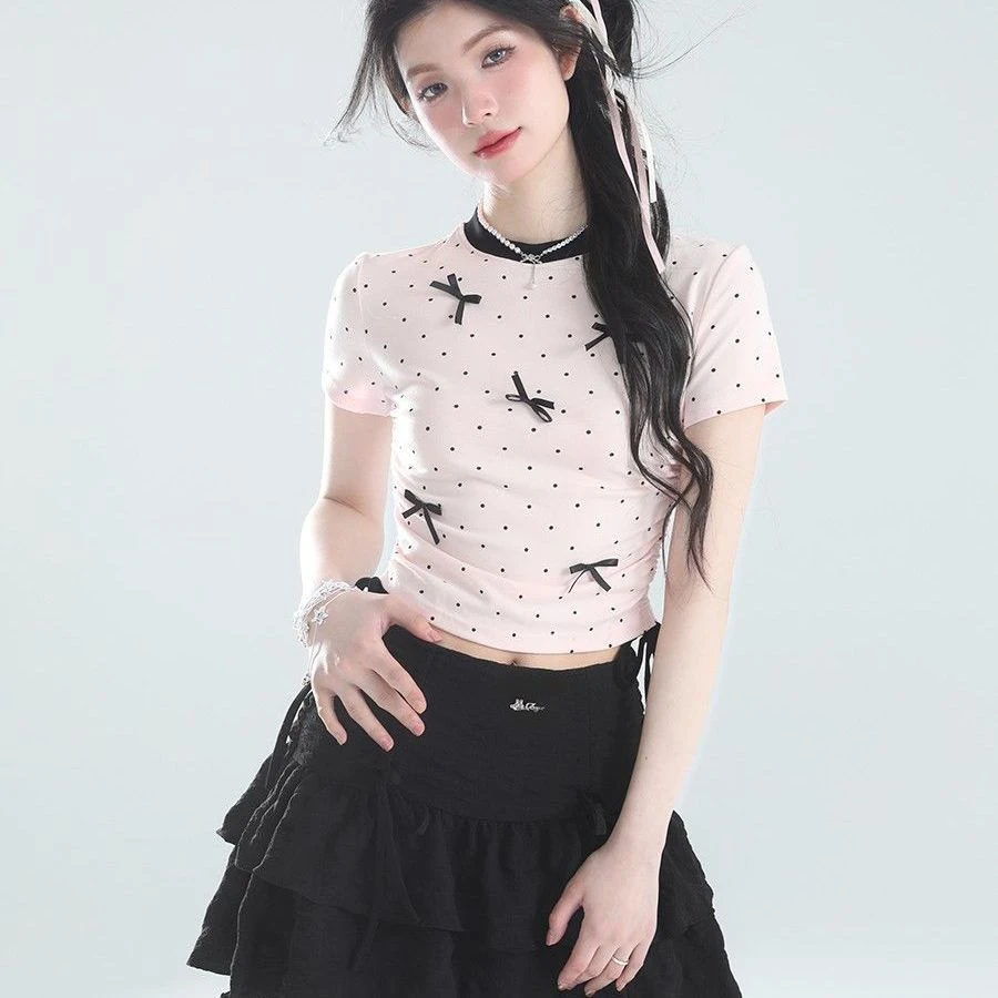 2025年夏季新款纯欲波点蝴蝶结短款T恤女甜辣风修身短袖上衣