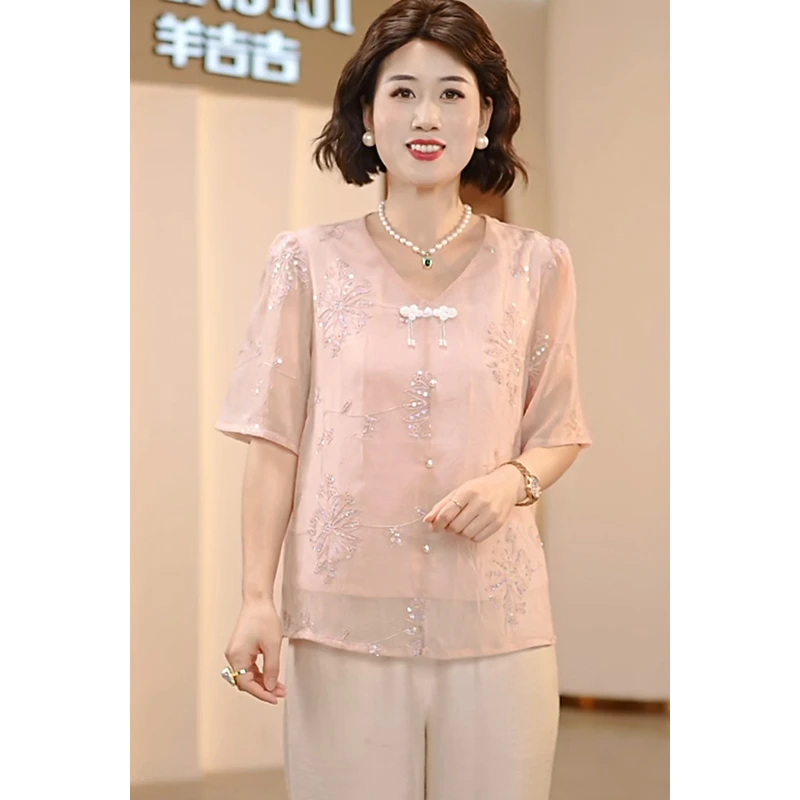 2025夏季新款中老年女时尚休闲上衣母亲节妈妈夏装舒适大码小衫