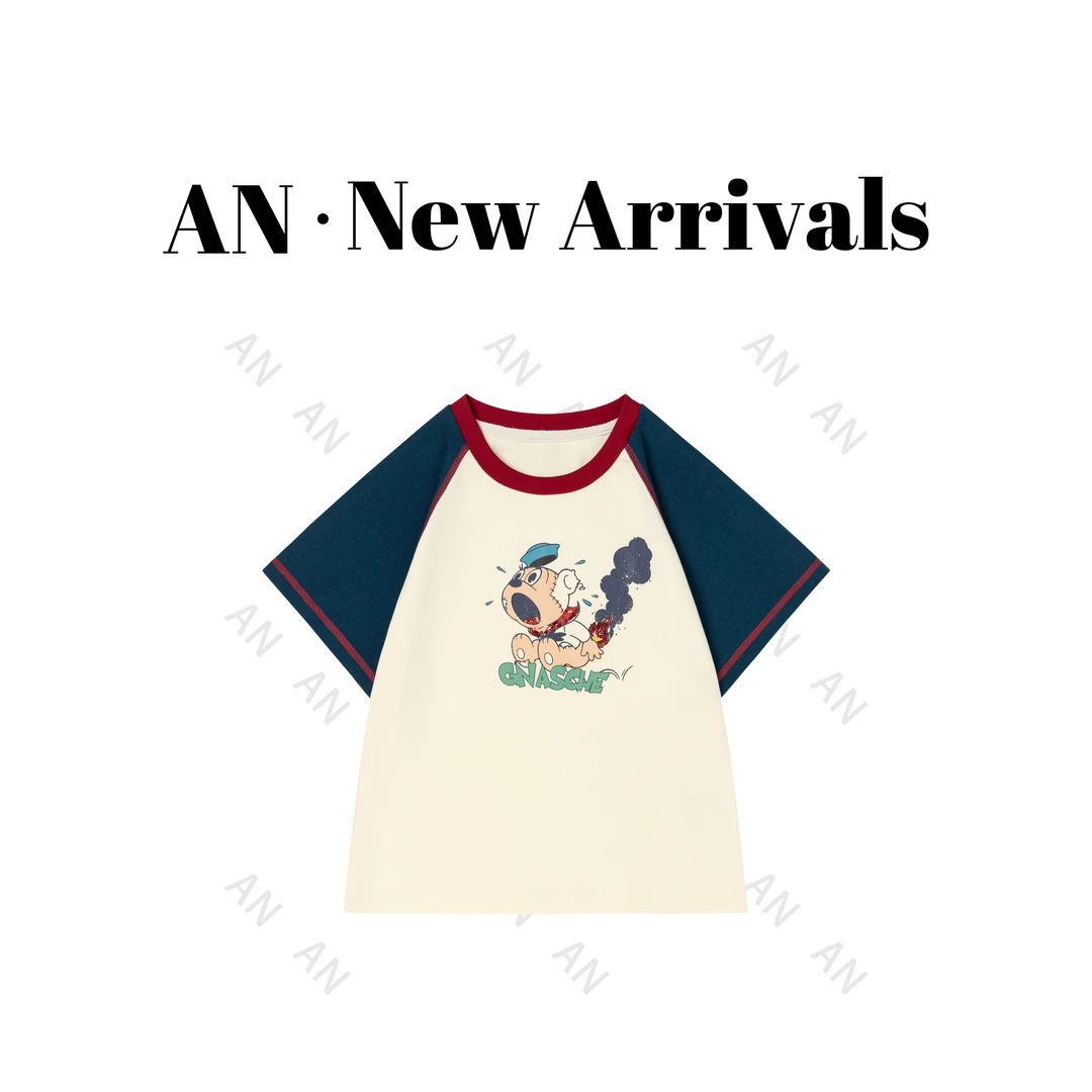 C02107新款减龄拼色短款插肩袖卡通小狗短袖T恤