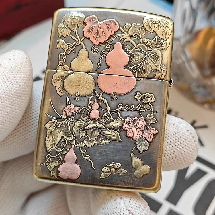 Zippo打火机铜盔甲镶紫铜五福葫芦332