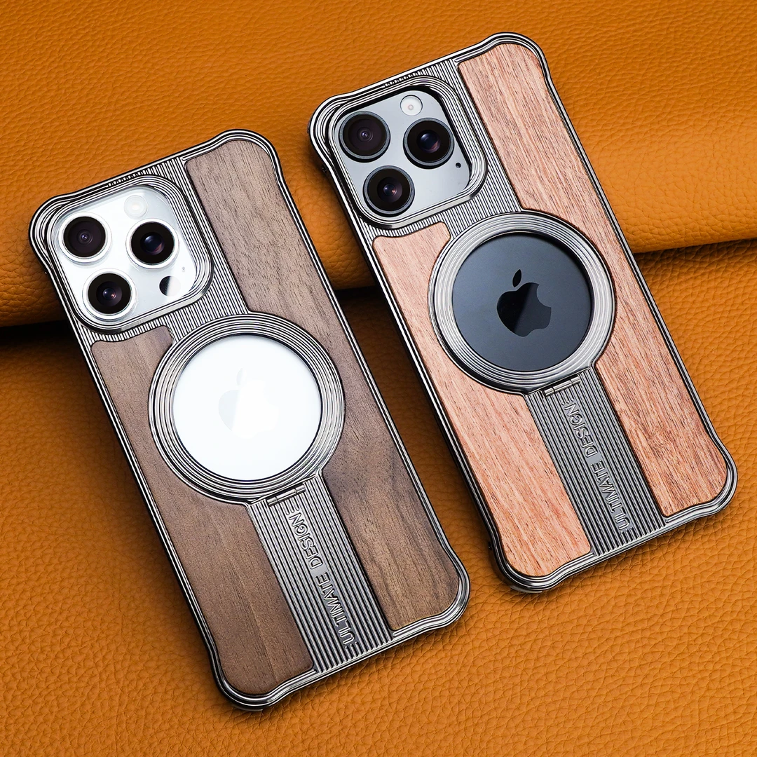适用苹果16ProMax手机壳合金实木纹高档磁吸支架无边壳防摔高级感
