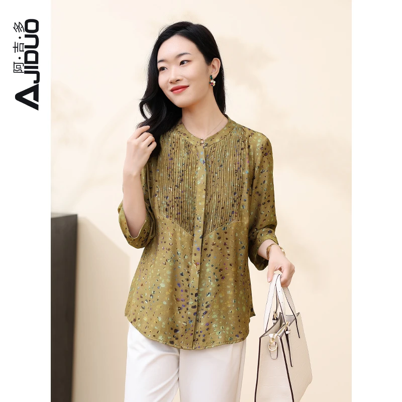 阿吉多七分袖衬衫设计感高级风琴褶衬衣2025年新款女印花妈妈上衣