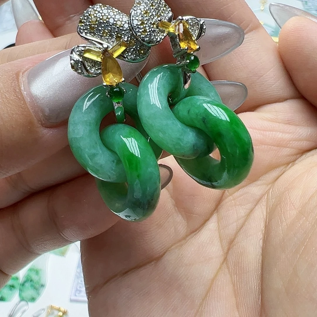 翡翠银S925镶嵌耳饰欣**格天然缅甸A货翡翠