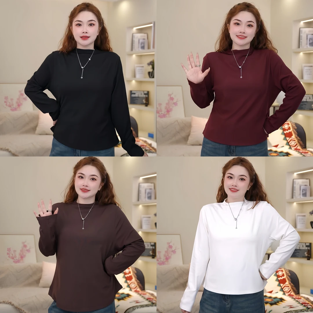 梦丞大码纯色半高领内搭加绒长袖打底衫复古港风女休闲T恤百搭