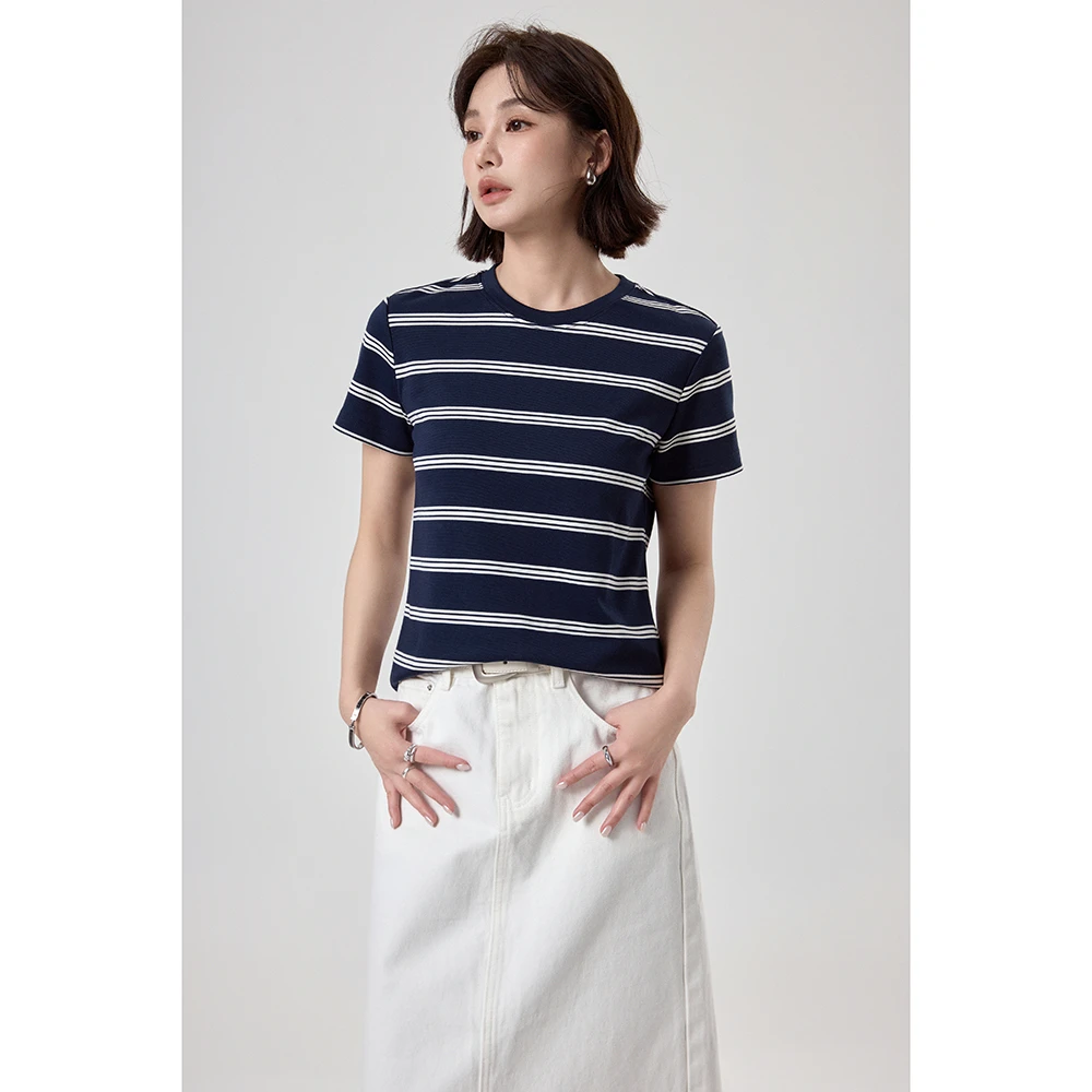【律动音符】“进口棉 ”简约百搭舒适百搭条纹短袖T恤打底01255
