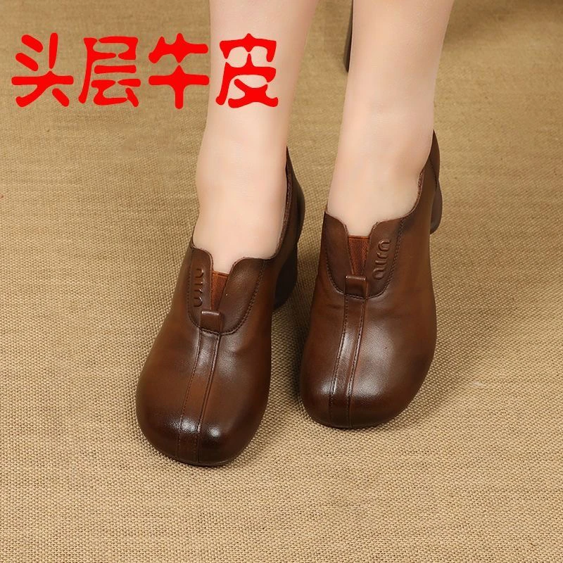 真皮单鞋女25年春季软牛皮圆头粗跟女鞋复古高跟休闲软底女士皮鞋