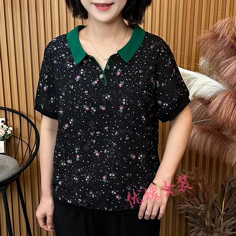 中老年女装夏季时尚撞色翻领小花休闲宽松显瘦洋气妈妈装短袖上衣