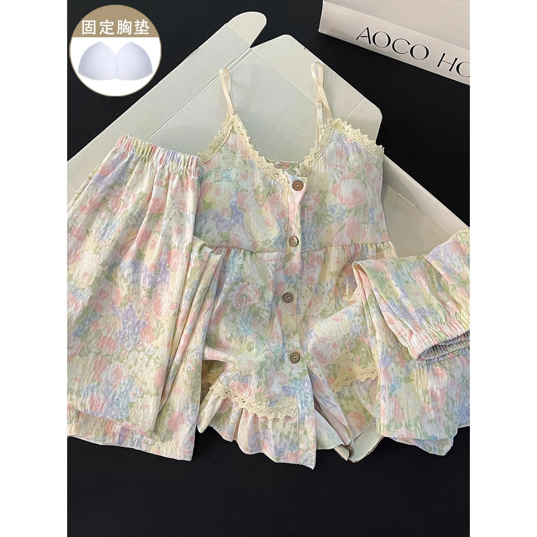 纯棉小碎花睡衣套装新款夏季带胸垫吊带长裤休闲宽松三件套家居服