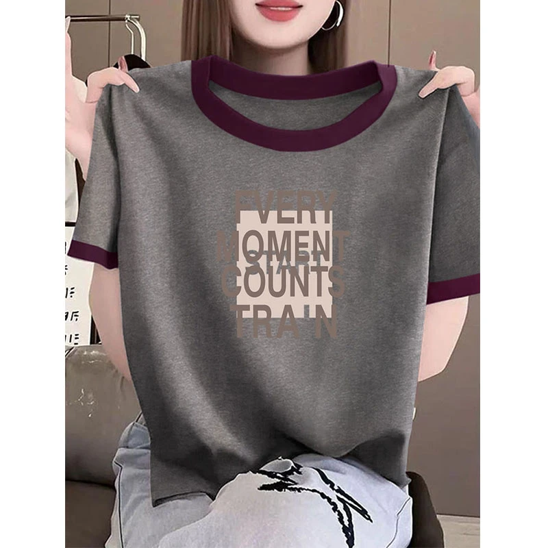 2025夏季新款撞色正肩圆领短袖t恤女装高级洋气设计感小众上衣潮
